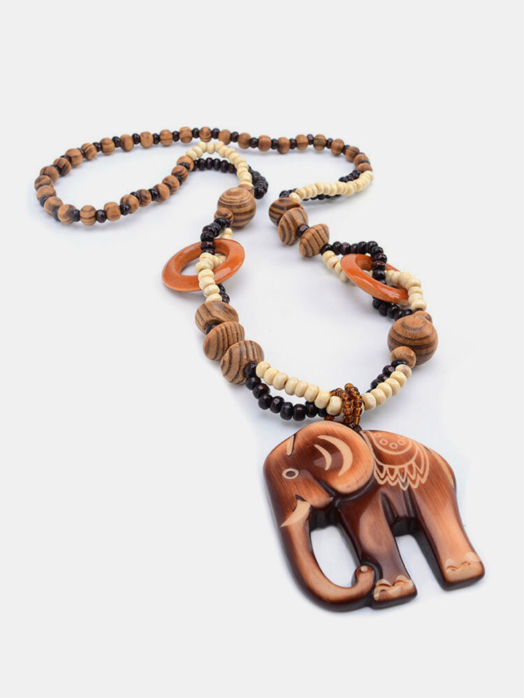 Vintage Fish Elephant Charm Necklace Handmade Wood  Long Beaded Necklaces for Women