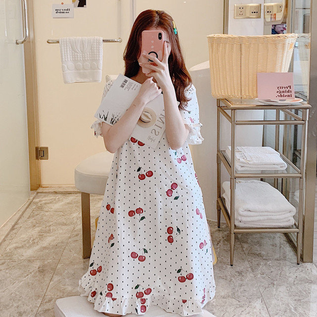 Cherry Cotton Nightdress Female Fresh Students Can Wear Pregnant Women Loose Dress Short-sleeved Pajamas Day