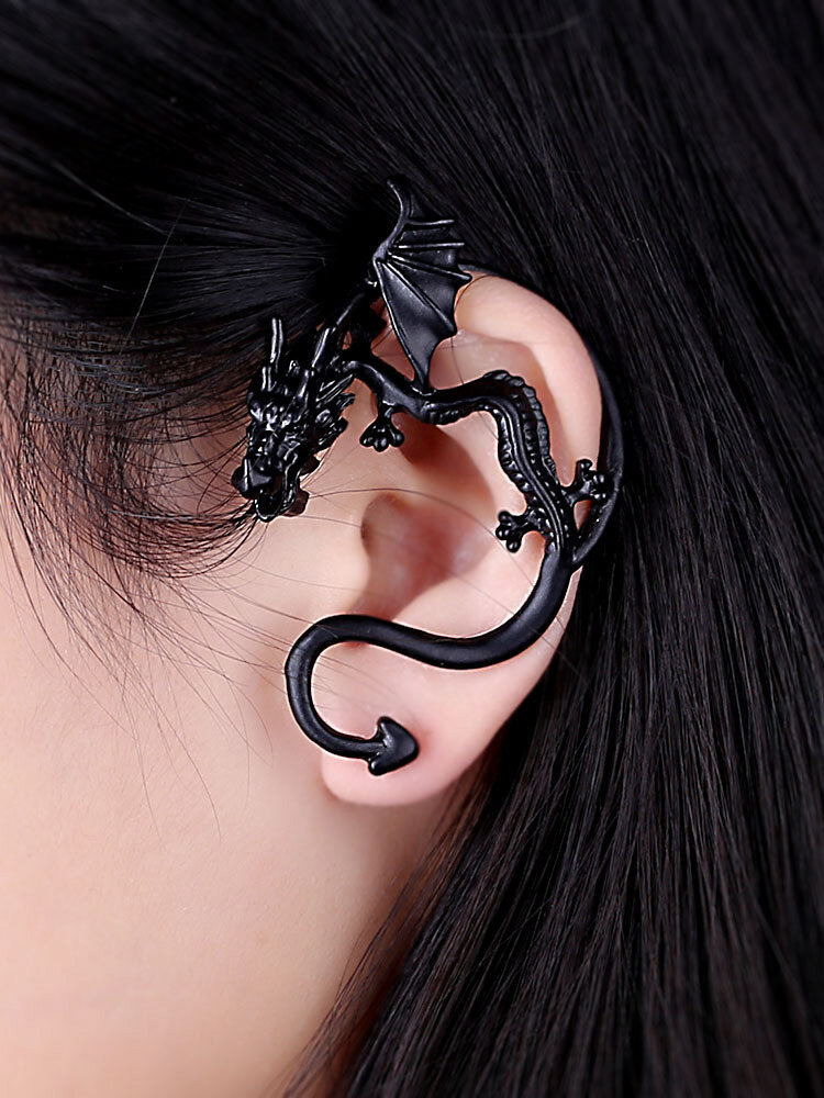 Unisex Statement Punk Dragon Ear Cuff Black Gold Ear Clip Stud Earrings for Her Him