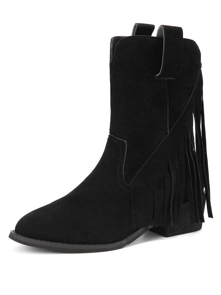 Women Suede Tassel Casual Slip-on Chunky Heel Black Cowboy Boots