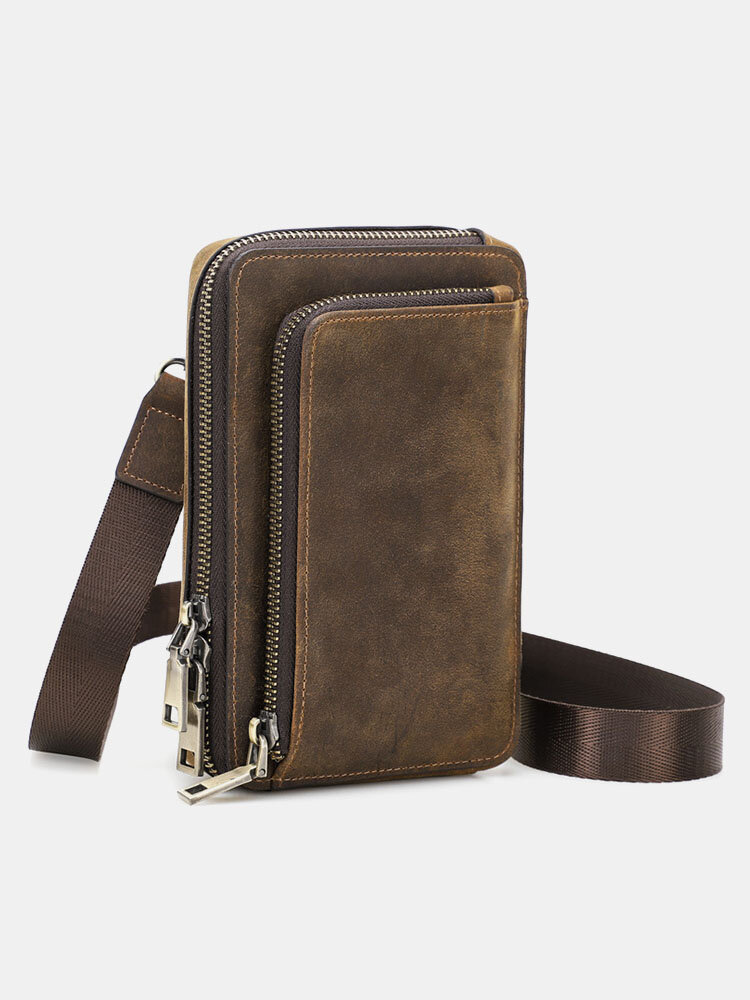 Men Vintage Genuine Leather Zip Side Convertible Straps Crossbody Bag Belt Bag
