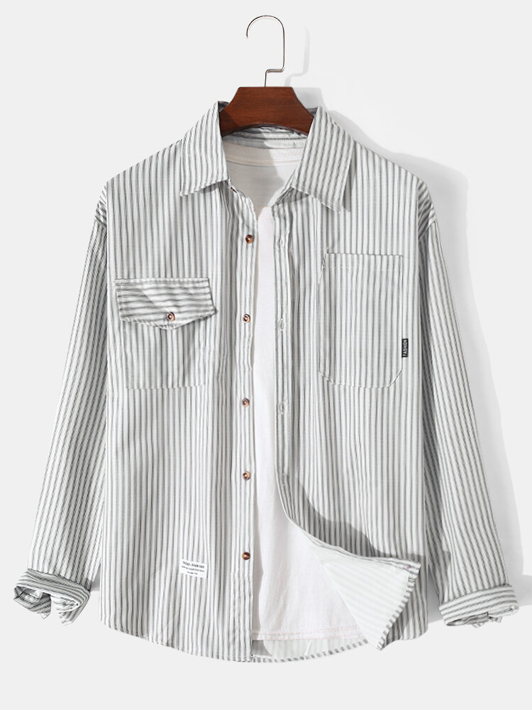 Mens Pinstripe Applique Button Up Casual Long Sleeve Shirts With Pocket