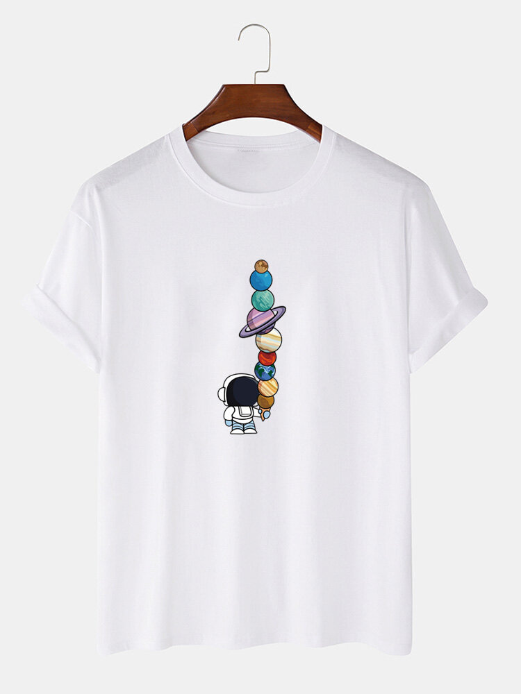 Camisetas masculinas 100% algodão cor sólida desenho animado astronauta estampa camisetas finas e soltas