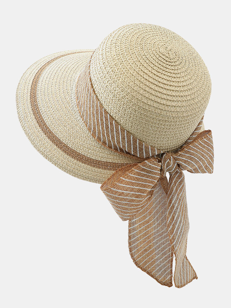 Women Straw Woven Striped Bowknot Silk Scarf Decoration Notch Elegant Casual Straw Hats