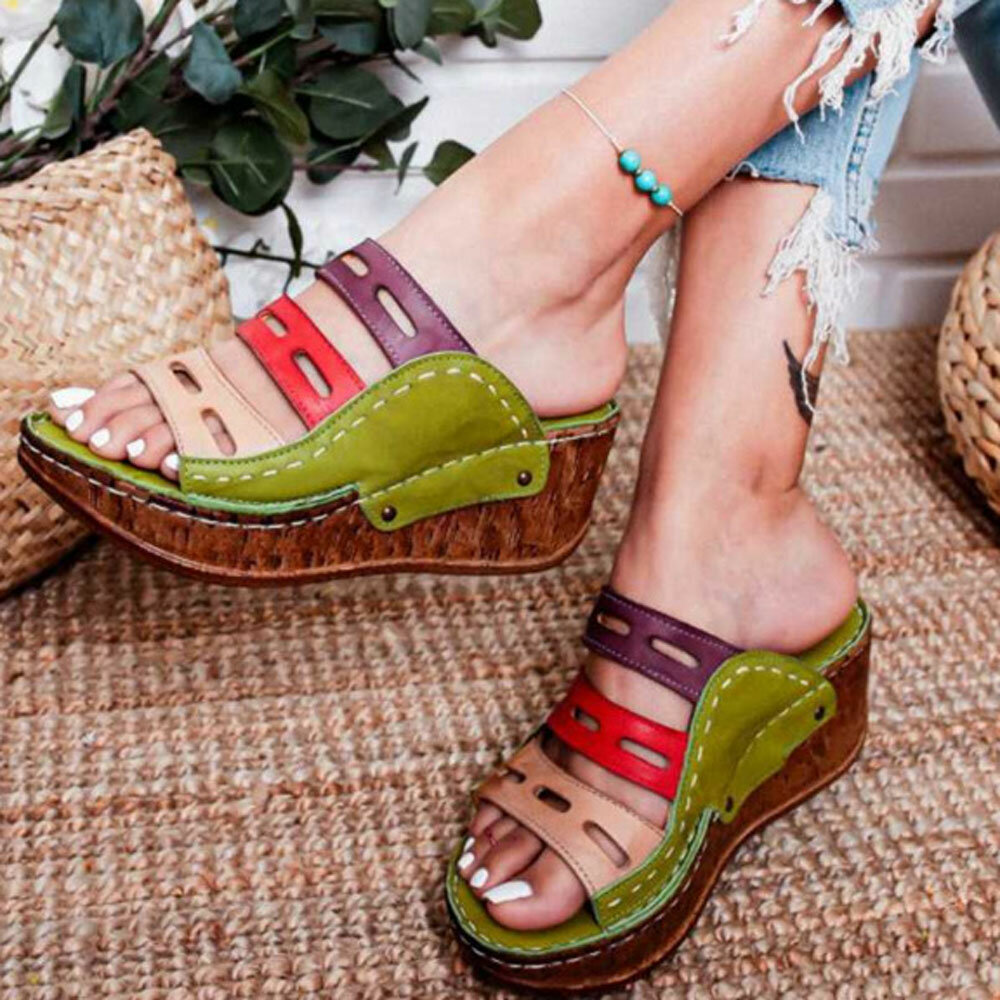 Women Triple Band Hollow Comfy Wearable Platform Wedges Slippers