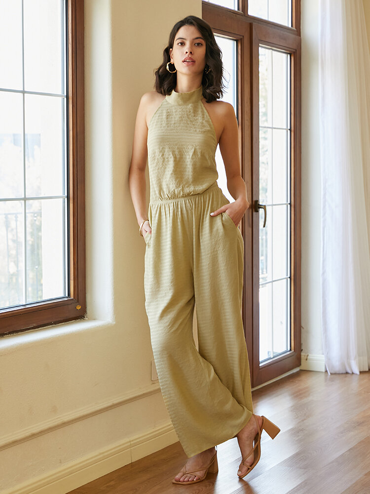 Solid Open Back Tie Stand Collar Wide Leg Jumpsuit