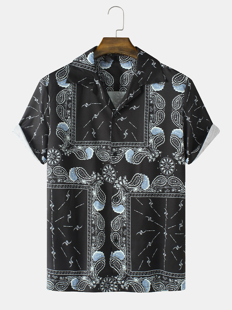 Mens Paisley Scarf Print Revere Collar Baroque Black Short Sleeve Shirt