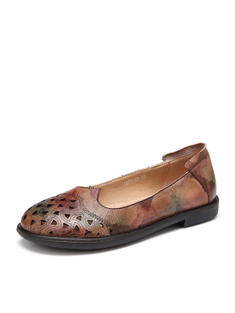 

SOCOFY Bohemian Leather Cutout Tie-dyed Slip On Soft Loafers flats, Blue;coffee