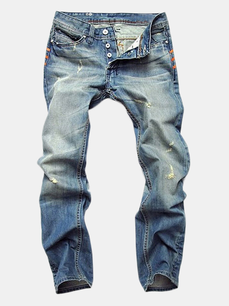 

Ripped Fold Stitching Straight Washed Jeans, Blue