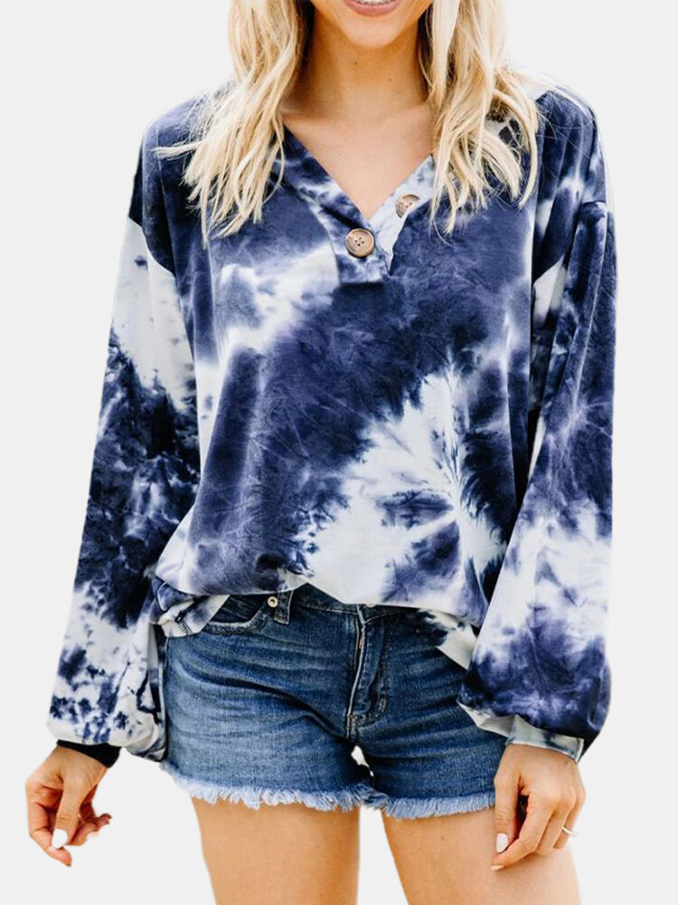 Ombre Tie Dye Printed V-neck Button Long Sleeve Blouse