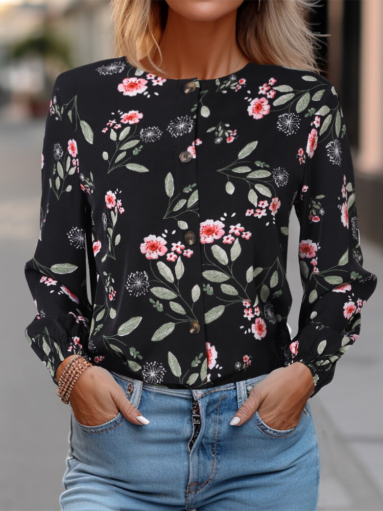 Для женщин сплошной цветочный принт на пуговицах спереди с длинным рукавом Рубашка
