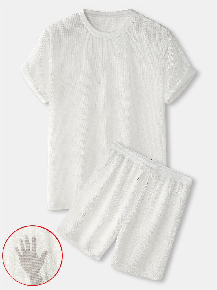 

Mens See Through Design Fishnet O Neck T-Shirt & Mesh Shorts Co-ords, White