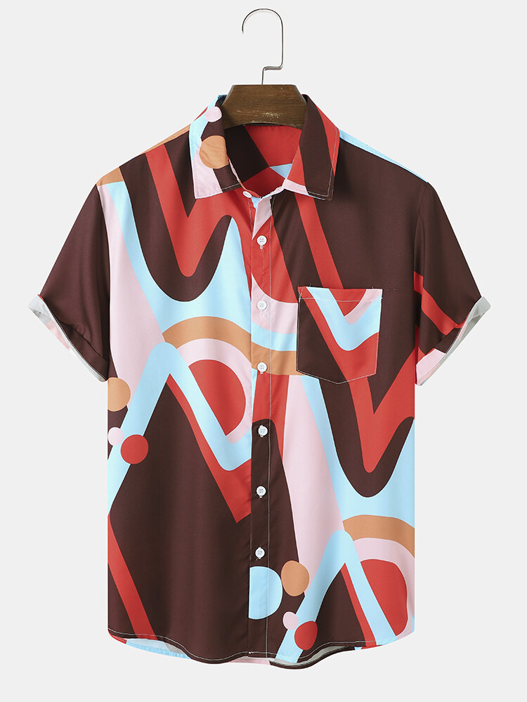 Mens Colorful Abstract Geometric Print Lapel Short Sleeve Shirts