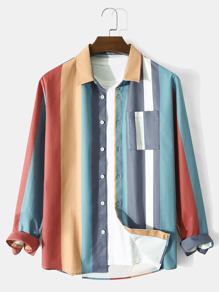 Mens Colorful Block Stripe Chest Pocket Holiday Long Sleeve Shirts