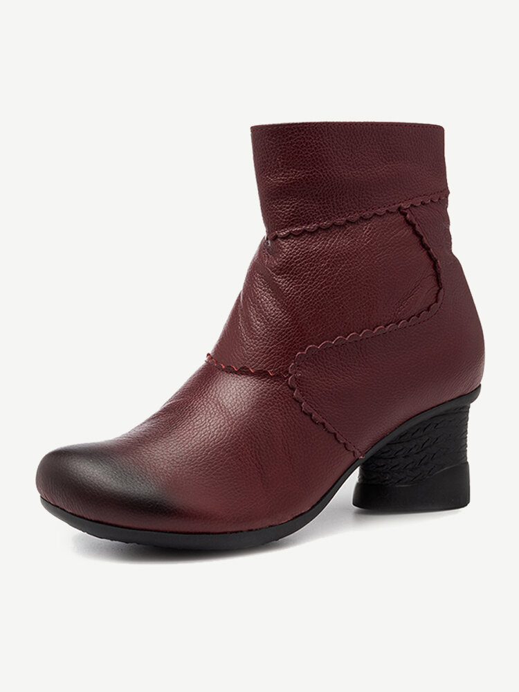 Women Retro Soft Comfy Leather Warm Lining Chunky Heel Zipper Boots