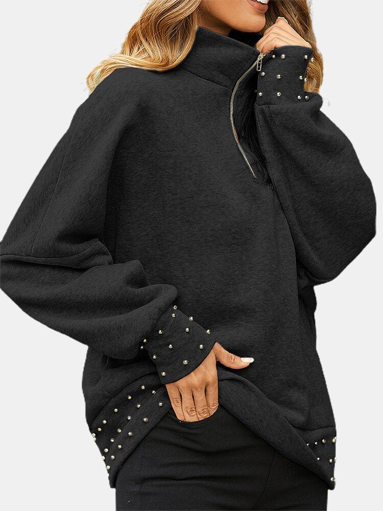 Einfarbiges, lockeres Sweatshirt mit Reißverschluss und Reißverschluss vorne für Damen