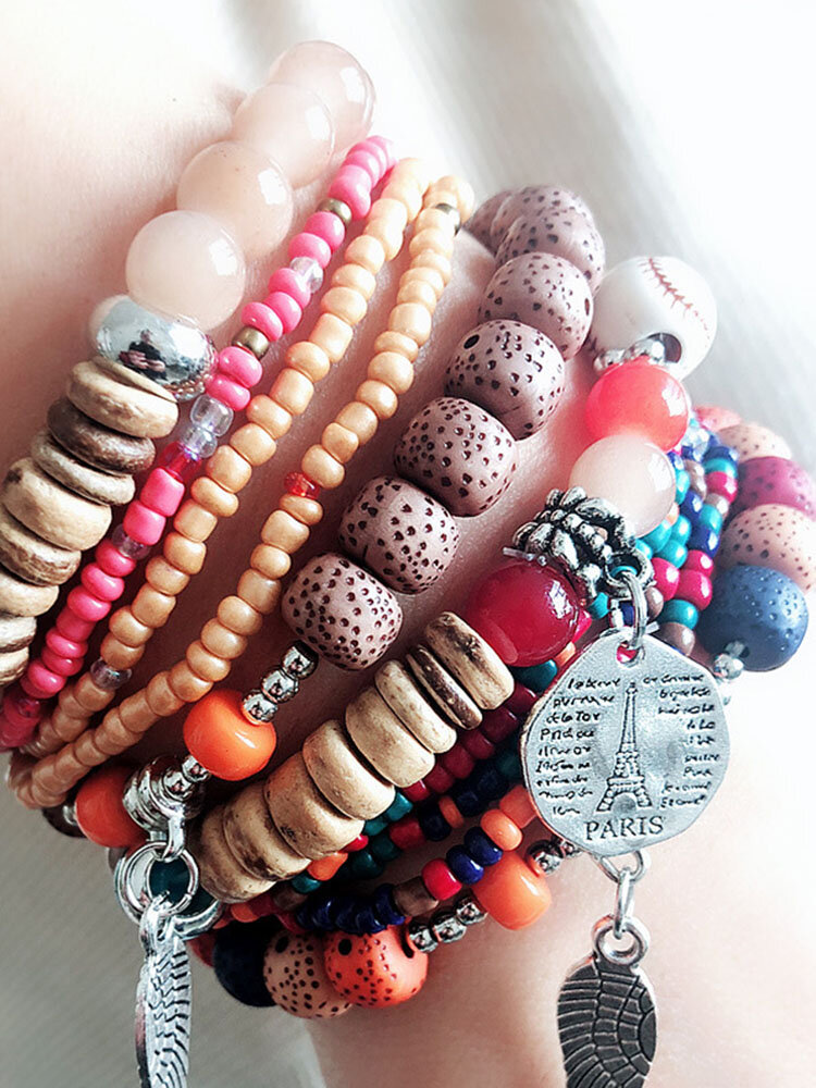 Bohème Colorful Bracelet multicouche Bracelet pendentif aile géométrique Bracelet en perles de riz extensible