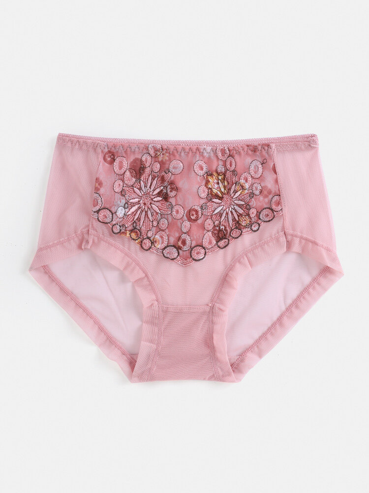 Women Embroidery Applique Mesh See Through Breathable Mid Waist Panties