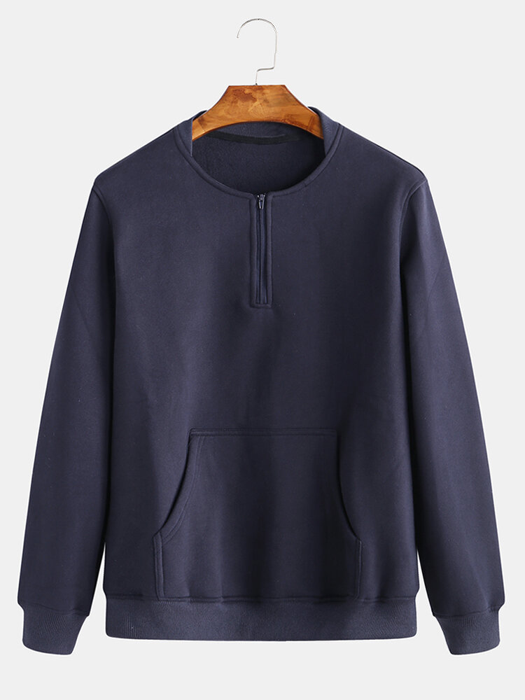 Mens Plain Solid Color Half Open Zipper Up Plush Sweatshirts