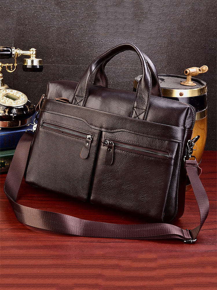 Men Genuine Leather 14 Inch Laptop Bag Briefcase Crossbody Bag