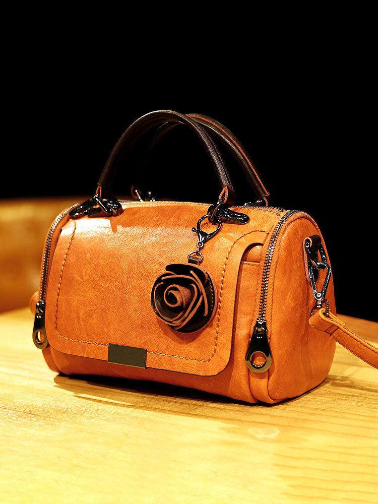 Vintage Flower Decor Genuine Leather Exquisite Hardware Multi-Pockets Multi-Carry Handbag