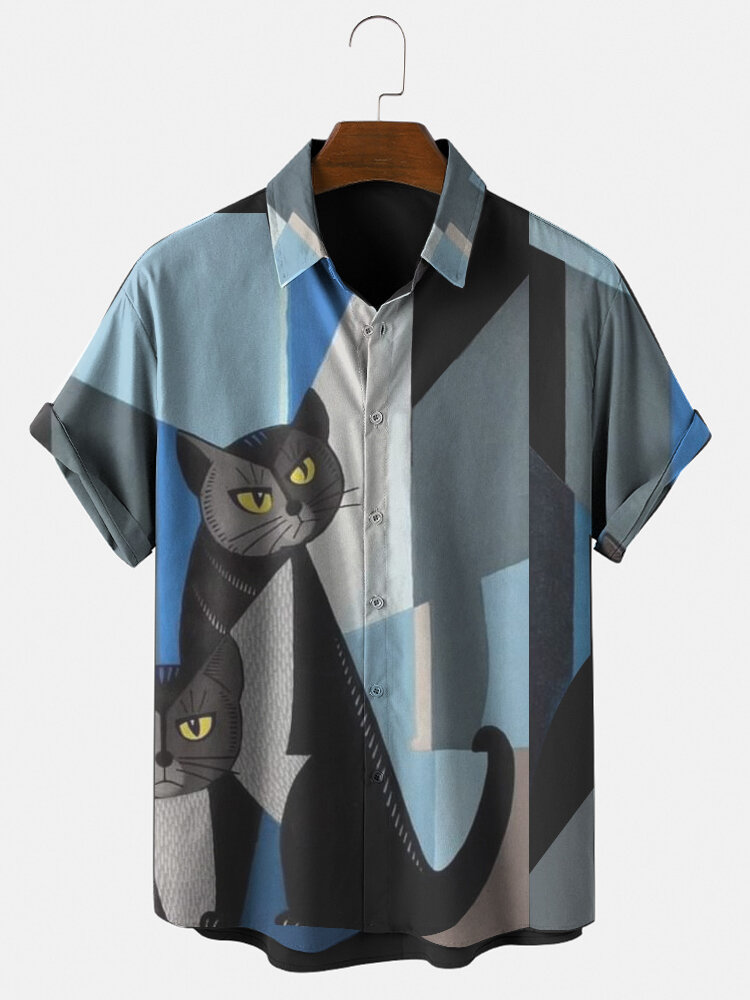 Mens Cat Geometric Print Button Up Short Sleeve Shirts