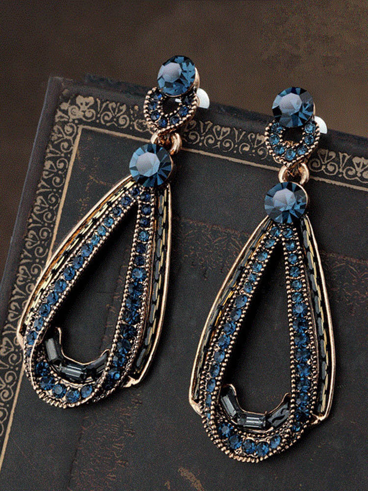 Vintage Luxury Earrings Women's Hollow Sapphire Dangle Earrings Gold Drop Shap Rhinestones Earrings