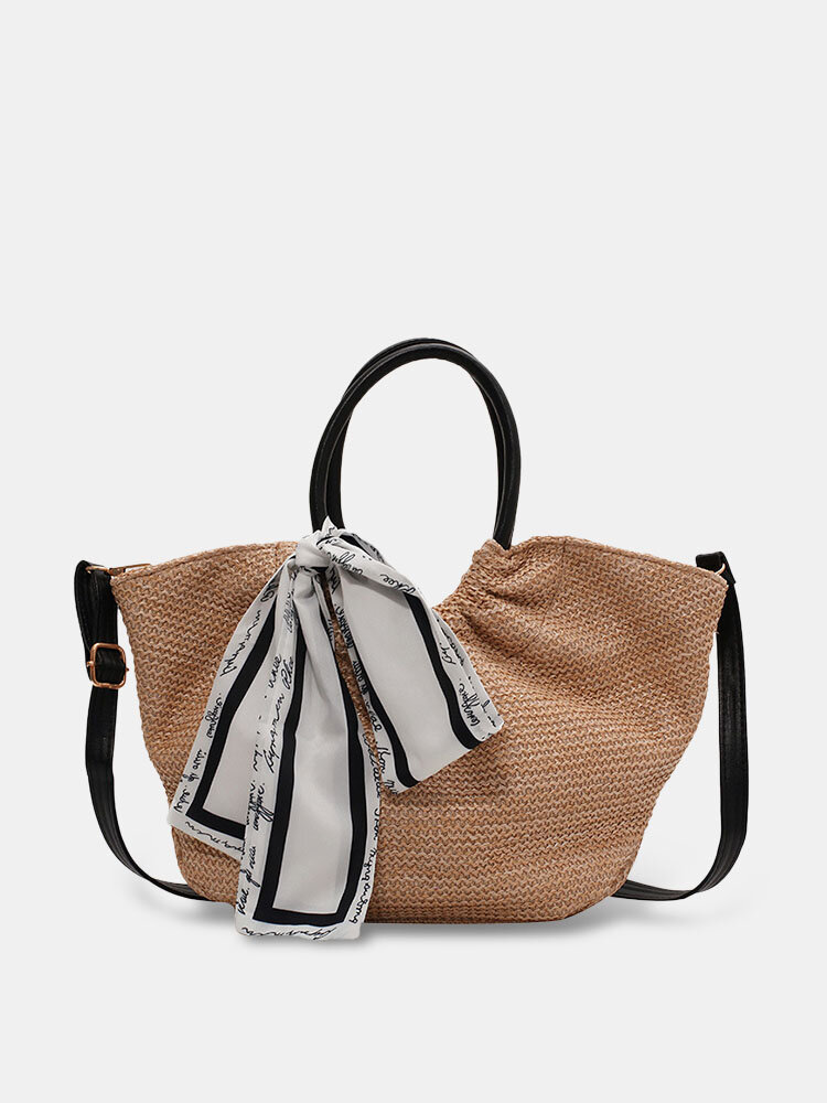 Women Straw Fashion Silk Scarf Weave Solid Color Beautiful Crossbody Bag Handbag