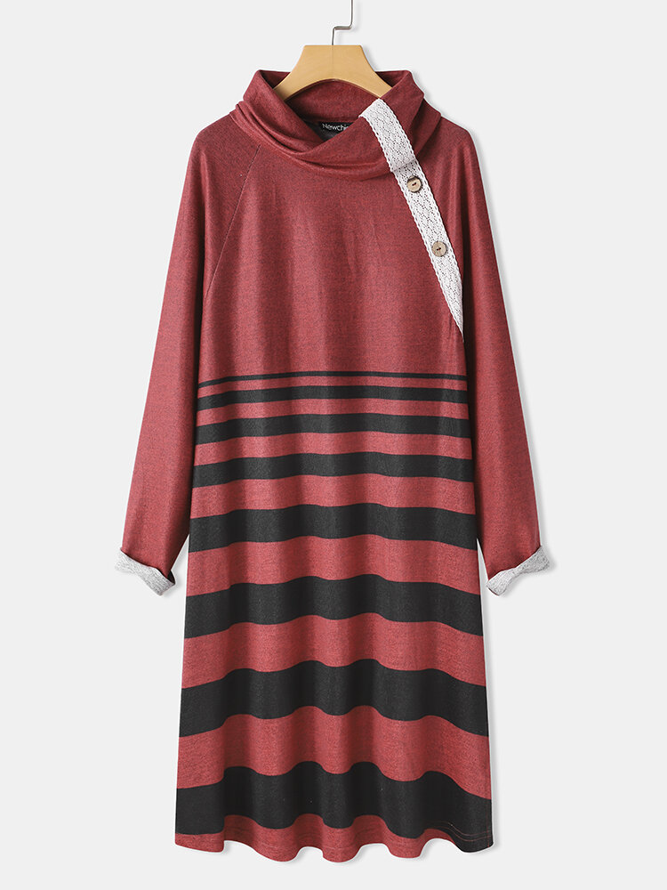 Contrast Color Lace Stitch Long Sleeve Turtleneck Casual Dress