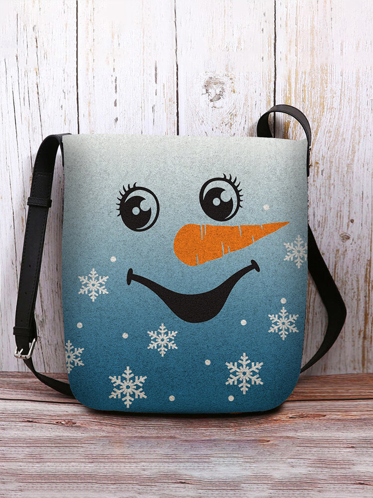 Women Felt Cute Christmas Ombre Smile Snowman Snowflakes Print Crossbody Bag