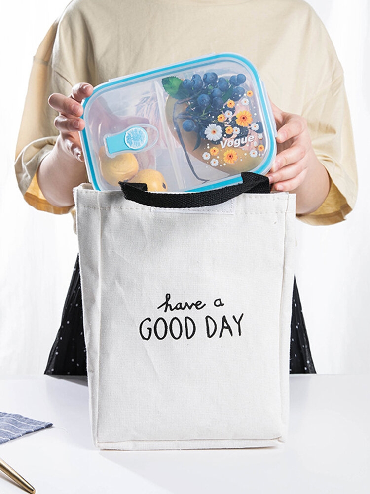 Square Cotton And Linen Good Day Travel Lunch Bag Cartoon Insulation Cooler Package Outdoor Picnic