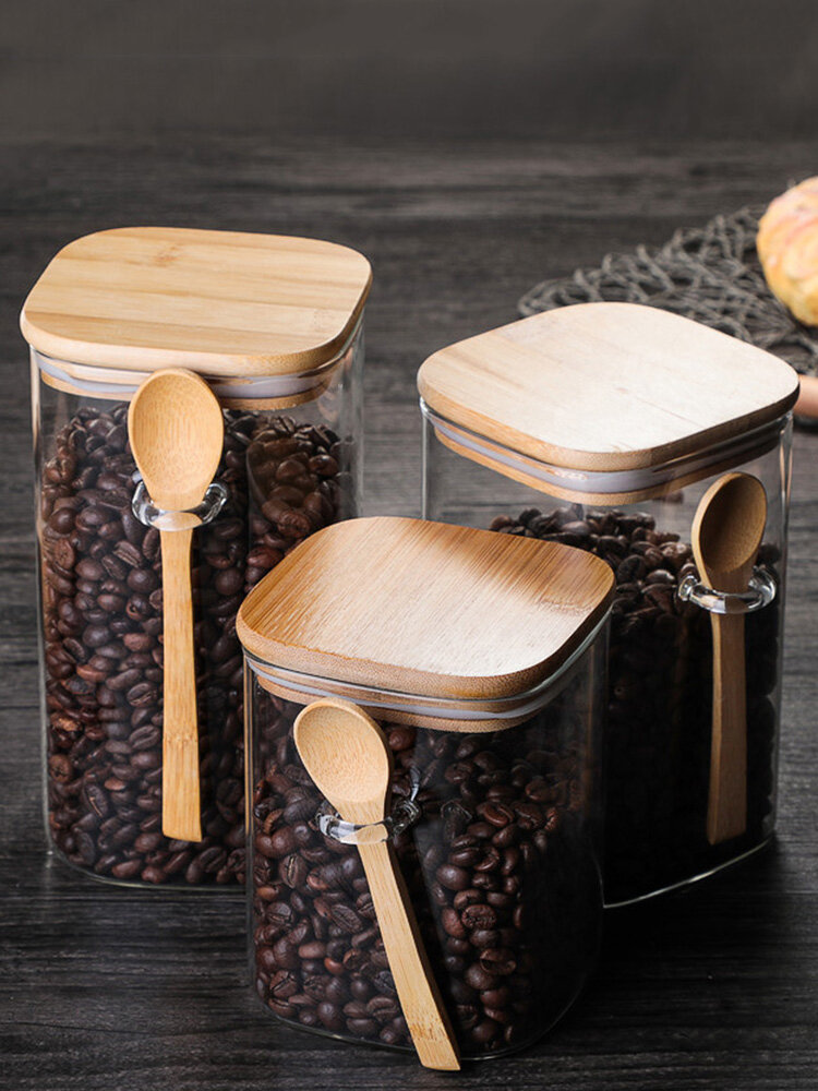 

Square Glass Sealed Jar Household Coffee Bean Storage Jar With Wooden Spoon Seasoning Bottle Kitchen Food Storage Jar