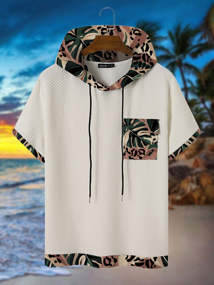 

Mens Tropical Plant Trim Print Patchwork Texture Hawaiian Vacation Hooded T-Shirts, Apricot