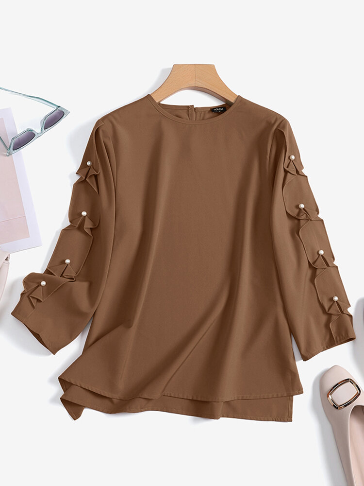 Women Solid Crew Neck Pearls Detail 3 4 Sleeve Blouse