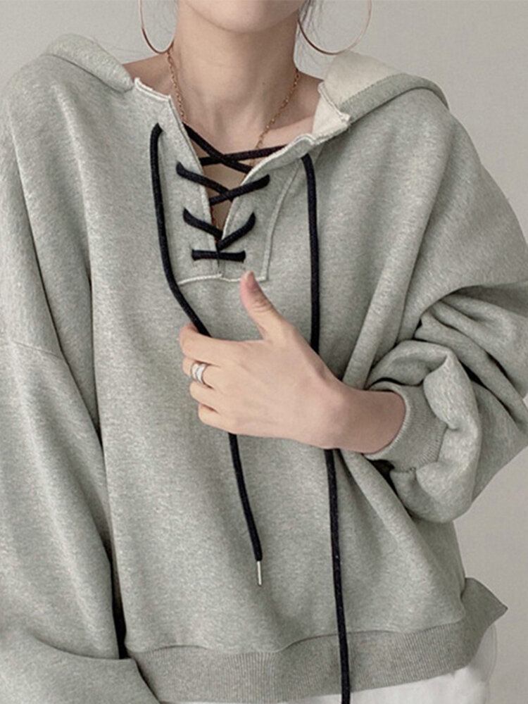 Fake Two Pieces Bandage Front Loose Puff Long Sleeve Hoodie