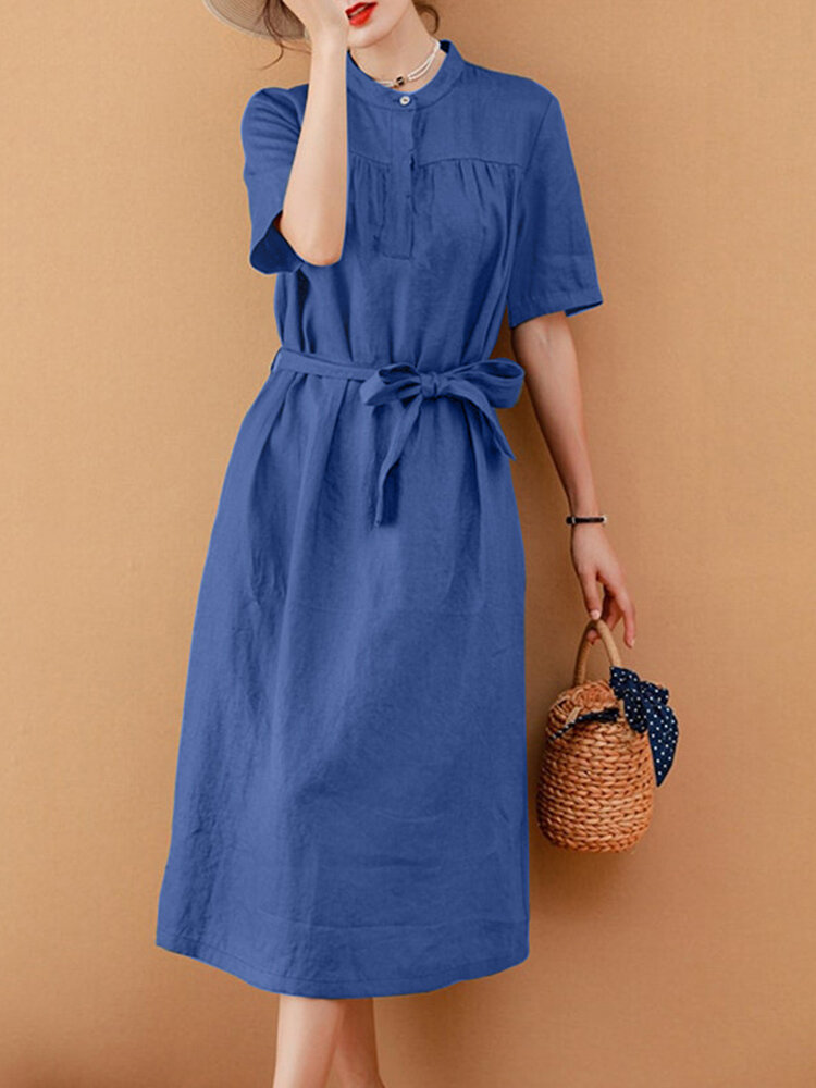 Solid Short Sleeve Stand Collar Dress With Belt