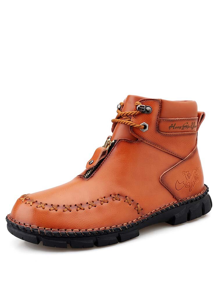 Men Hand Stitching Front Zip Lace Up Cow Leather Casual Ankle Boots