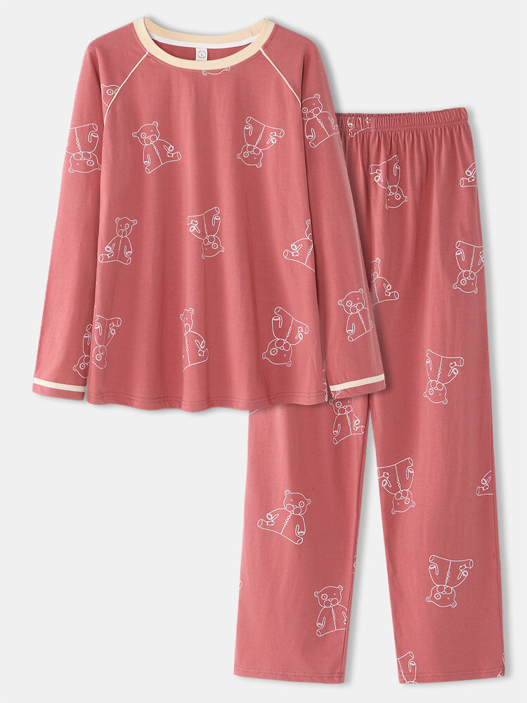 

Women Cotton Cartoon Bear Print O-Neck Contrast Raglan Sleeve Comfy Pajamas Sets, Red