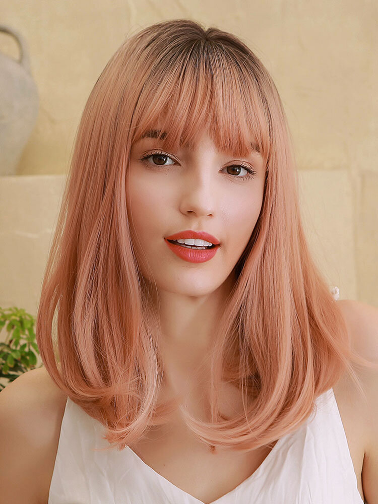16 Inch Gradient Pink Medium Long Curly Hair Bangs Natural Fluffy Heat Resistant Fiber Wig