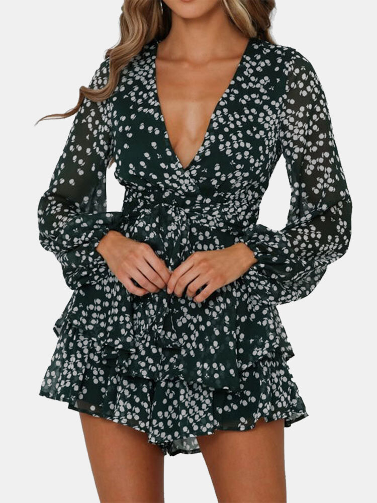

Floral Print Layer Ruffle Knotted V-Neck Long Sleeve Culotte Romper, Black;apricot