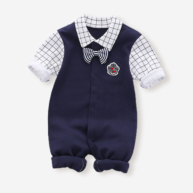 

Baby Lattice Print Long Sleeves Patchwork Rompers For 3-18M, Navy