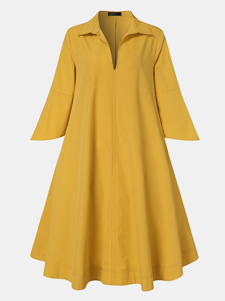 Solid Color V-neck Pocket Half Sleeves Casual Dress For Women