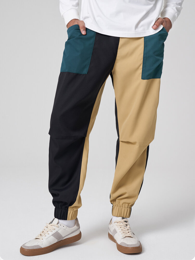 Mens Contrast Patchwork Drawstring Waist Loose Cuffed Cargo Pants