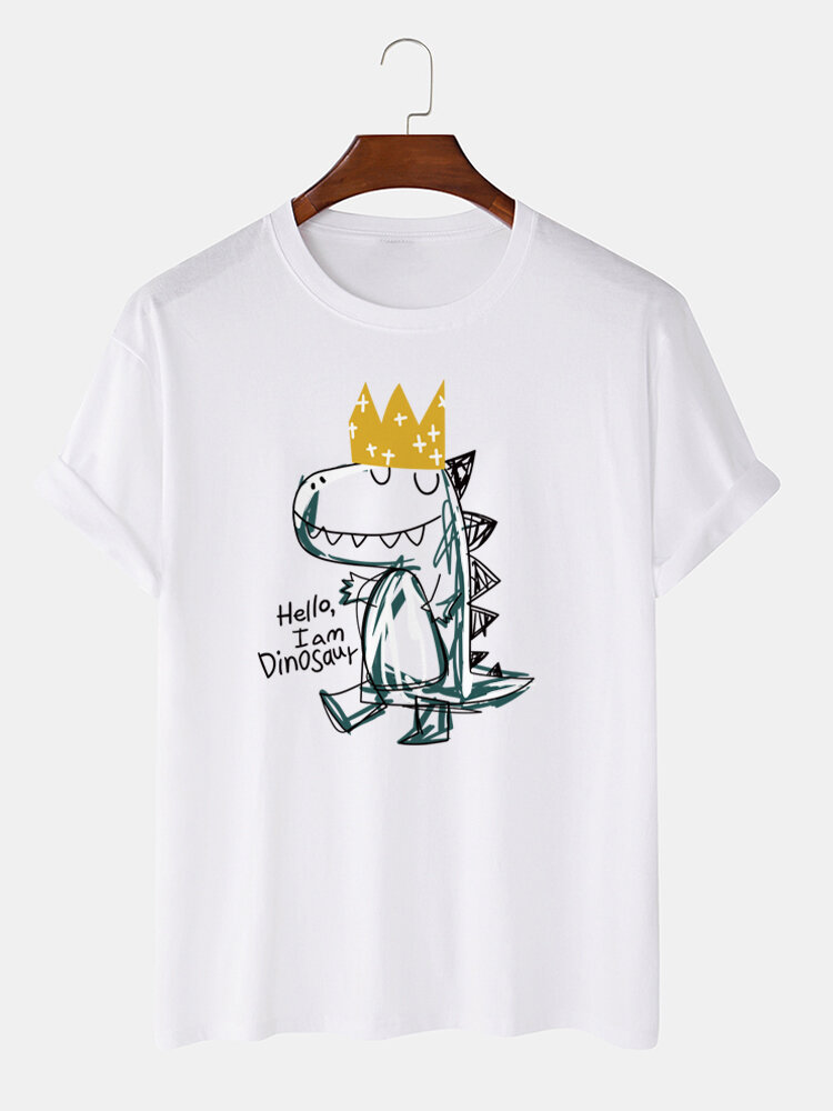 Mens Cartoon Dinosaur Hand Painted Cotton Short Sleeve T-Shirts