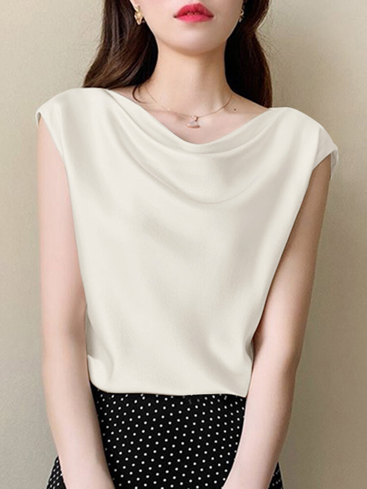 Solid Cowl Neck Satin Short Sleeve Blouse For Women