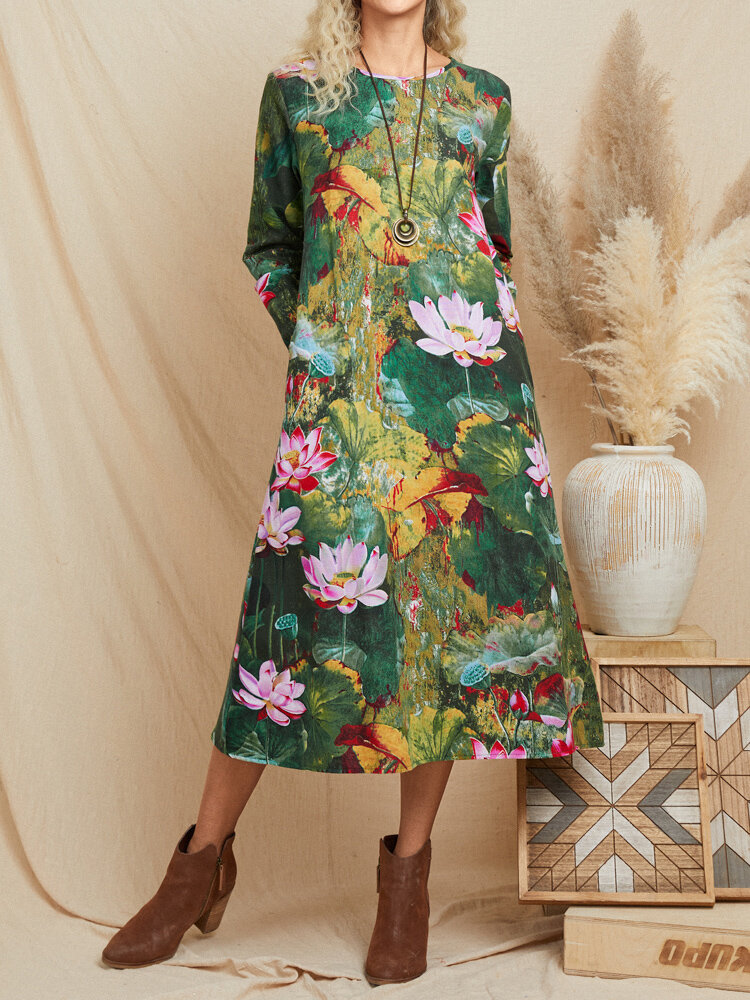 Vintage Flower Pattern O-neck Loose Women Print Dress