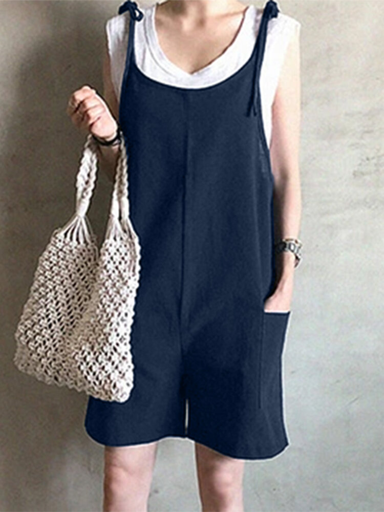 Solid Knotted Pocket Sleeveless Casual Cotton Romper