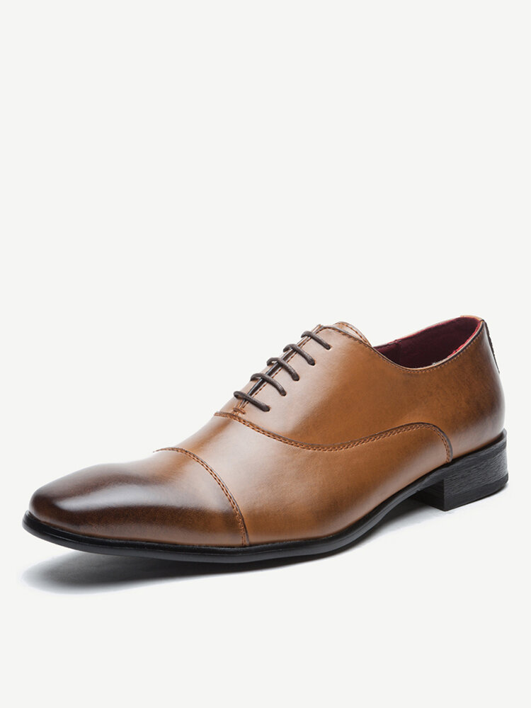 Men Retro Leather Cap Toe Non-slip Business Casual Formal Dress Shoes 