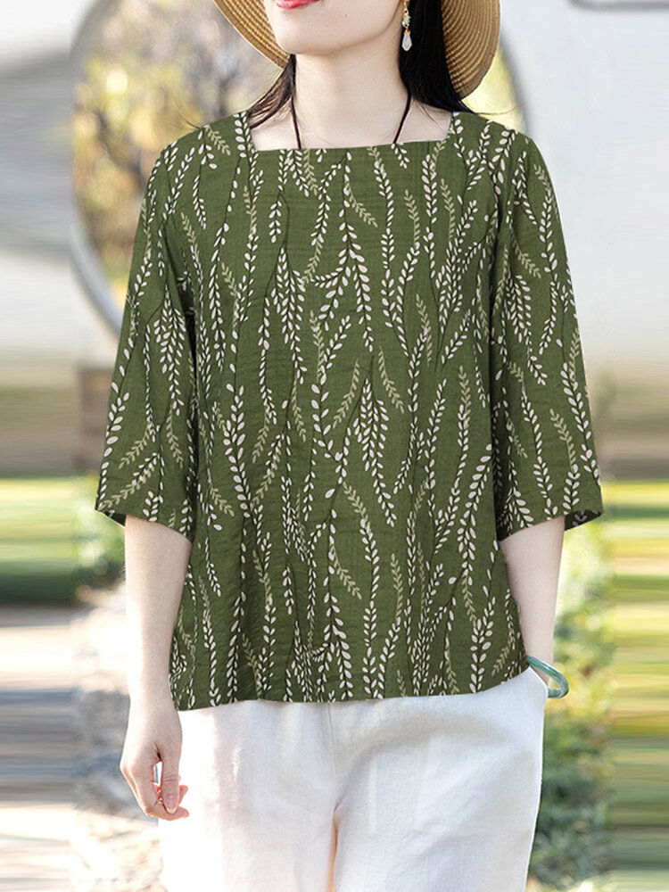 Damen-Bluse mit Pflanzenblatt-Print, quadratischem Kragen, seitlich geteiltem Saum