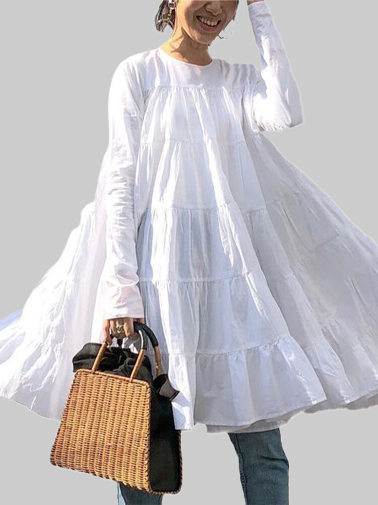 Повседневное однотонное платье с круглым вырезом и свободными рюшами Swing Mini Рубашка Платье